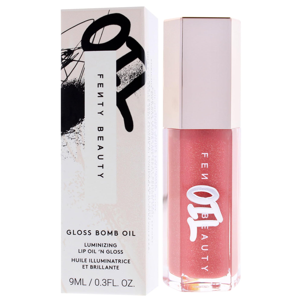 FENTY BEAUTY on lips applied to show luminous rosy-pink shine and fuller lip effect