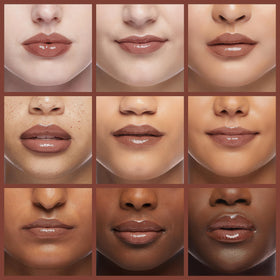 FENTY BEAUTY lip swatch on model showing Fenty Glow’s flattering rose-nude finish