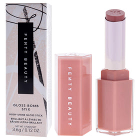 FENTY BEAUTY lip swatch of Fenty Glow demonstrating wearable rose-nude shine