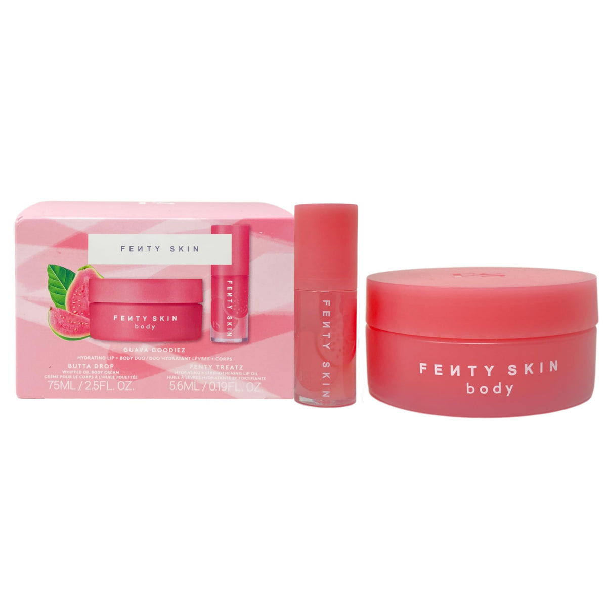 Fenty Beauty front packaging of Guava Goodiez set showing both products and scent appeal