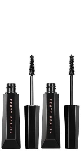 Model applying Fenty Beauty mascara duo demonstrating thicker lashes and lifted look