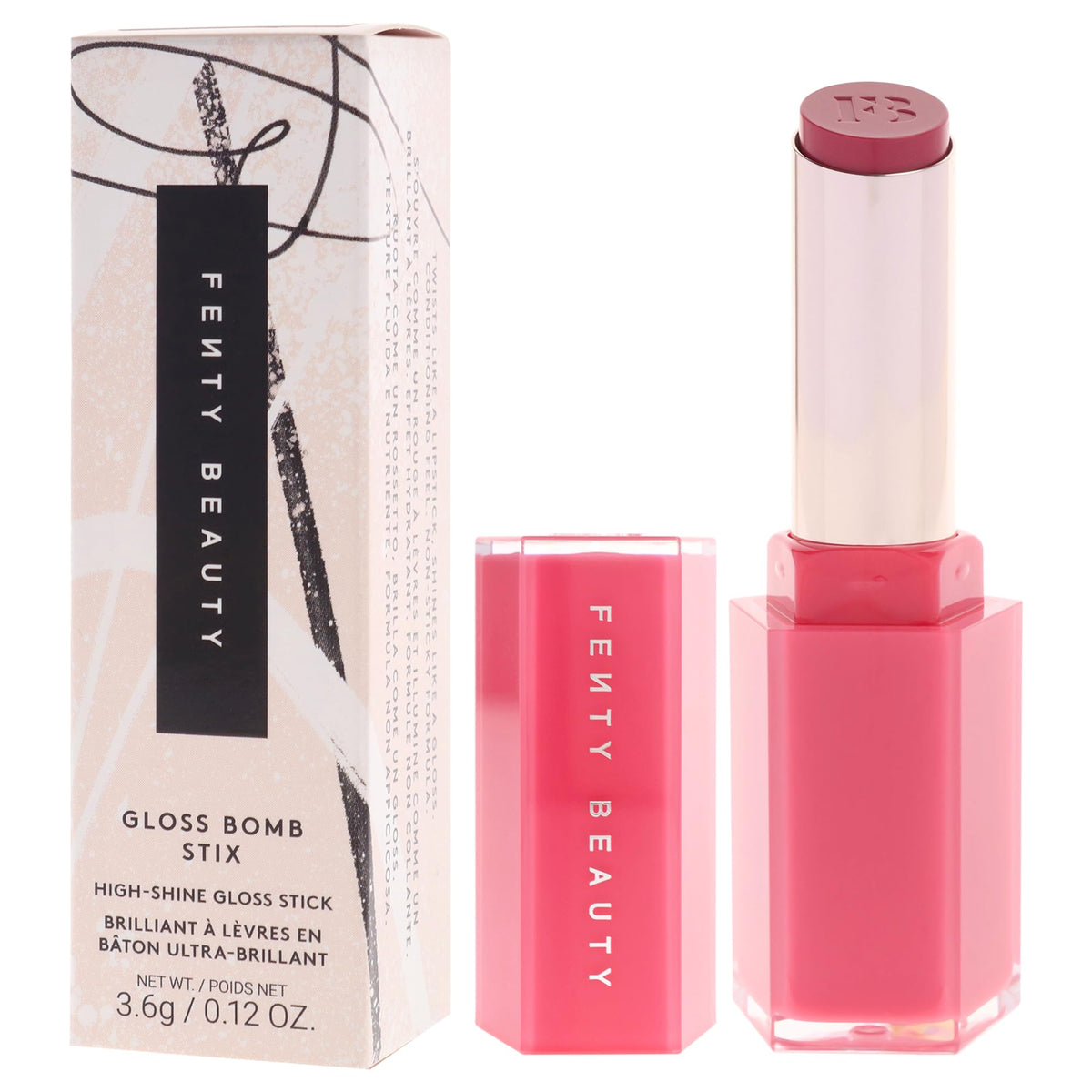 FENTY BEAUTY High Biscus on model lips demonstrating vibrant gloss and fullness