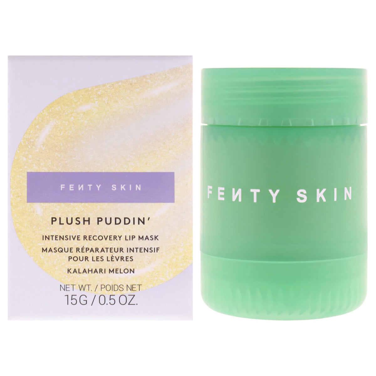 FENTY BEAUTY jar front view showing plush puddin packaging and nourishing benefit