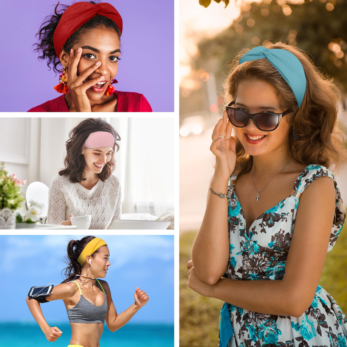FEQO headband styled with outfit showing color-matching versatility