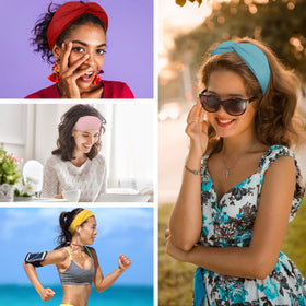 FEQO headband styled with outfit showing color-matching versatility