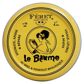 Feret Parfumeur tin front view showing compact travel-ready balm and packaging benefit