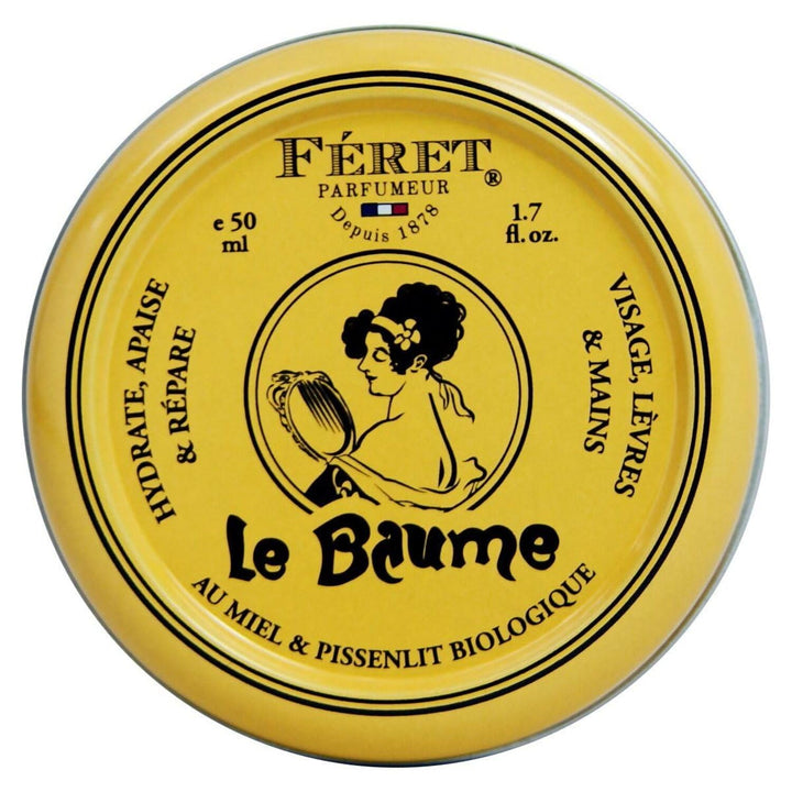 Feret Parfumeur tin front view showing compact travel-ready balm and packaging benefit