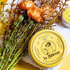 Feret Parfumeur tin surrounded by key natural ingredients showing nourishing botanical benefit