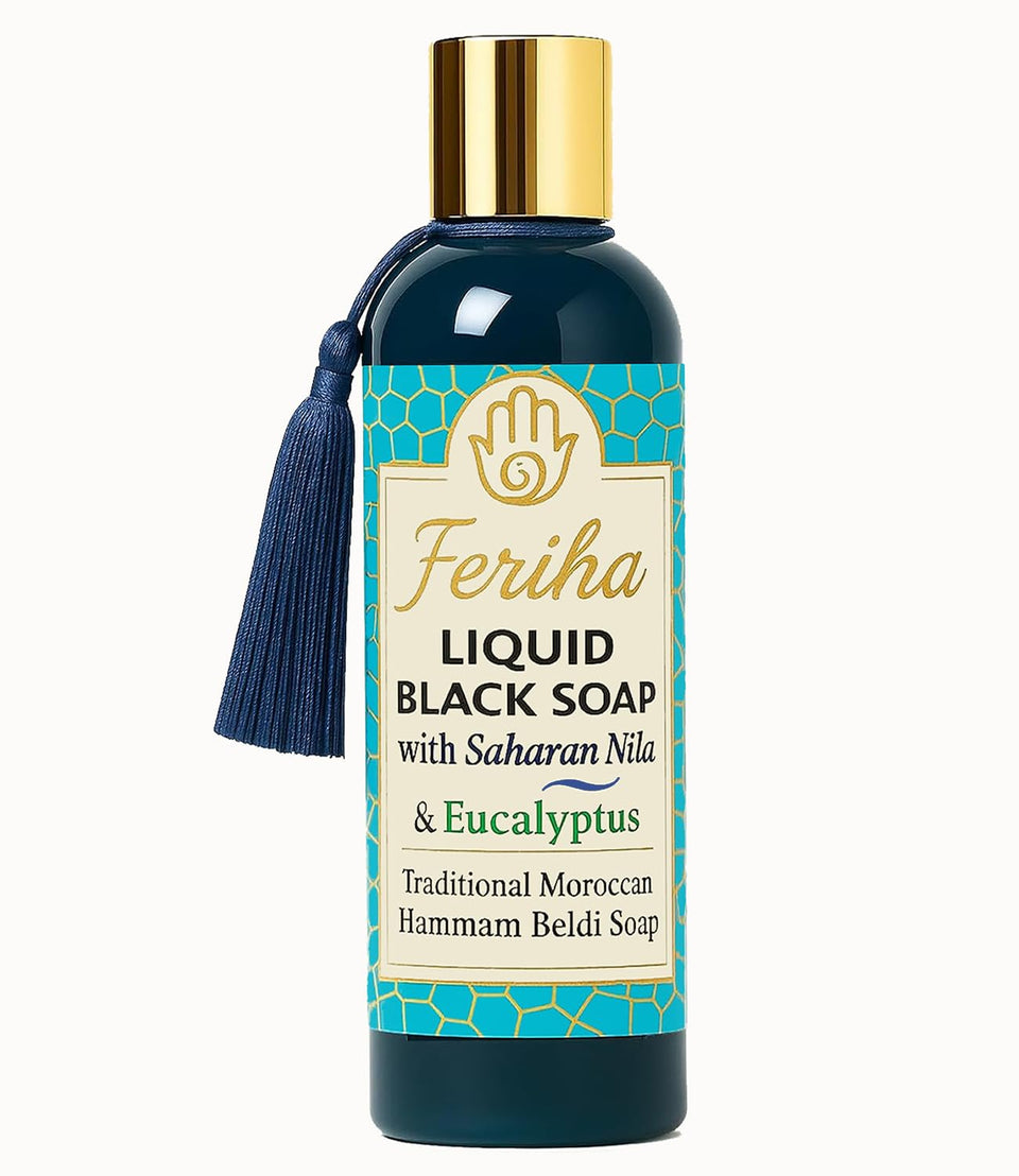 FERIHA front bottle showing Moroccan black soap for easy Hammam use