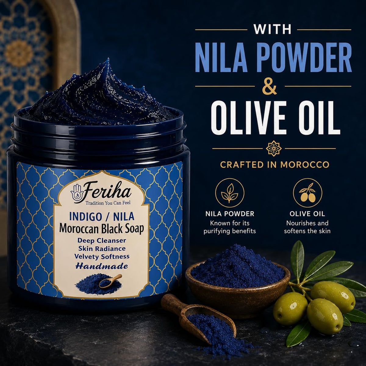 FERIHA indigo powder ingredient shot emphasizing traditional cleansing benefit
