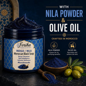 FERIHA indigo powder ingredient shot emphasizing traditional cleansing benefit