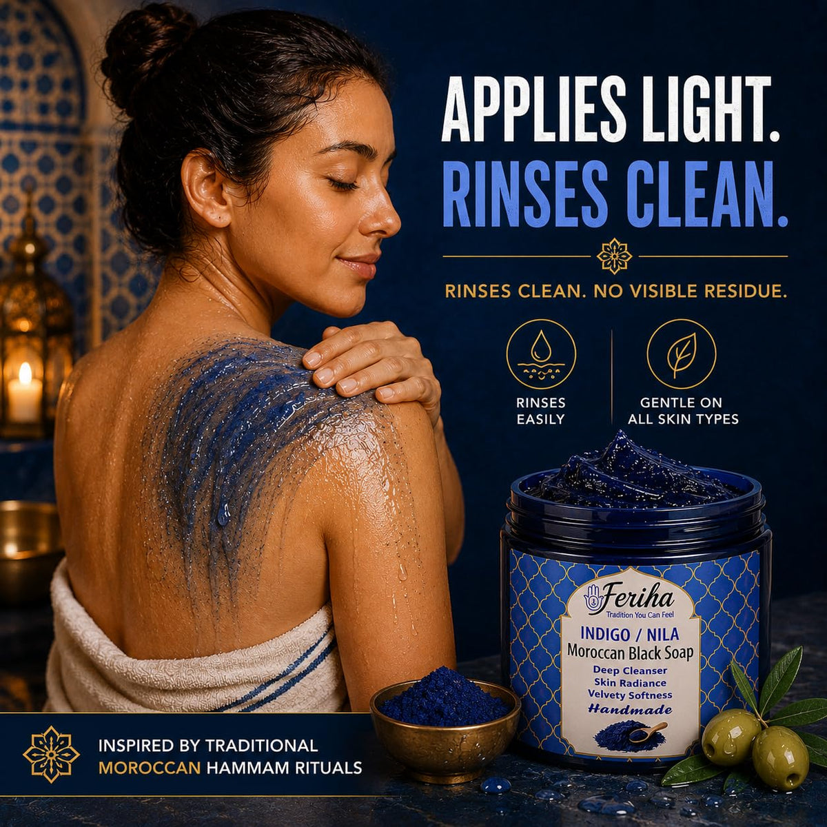 FERIHA kessa setup with glove and soap illustrating exfoliation routine