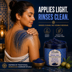 FERIHA kessa setup with glove and soap illustrating exfoliation routine