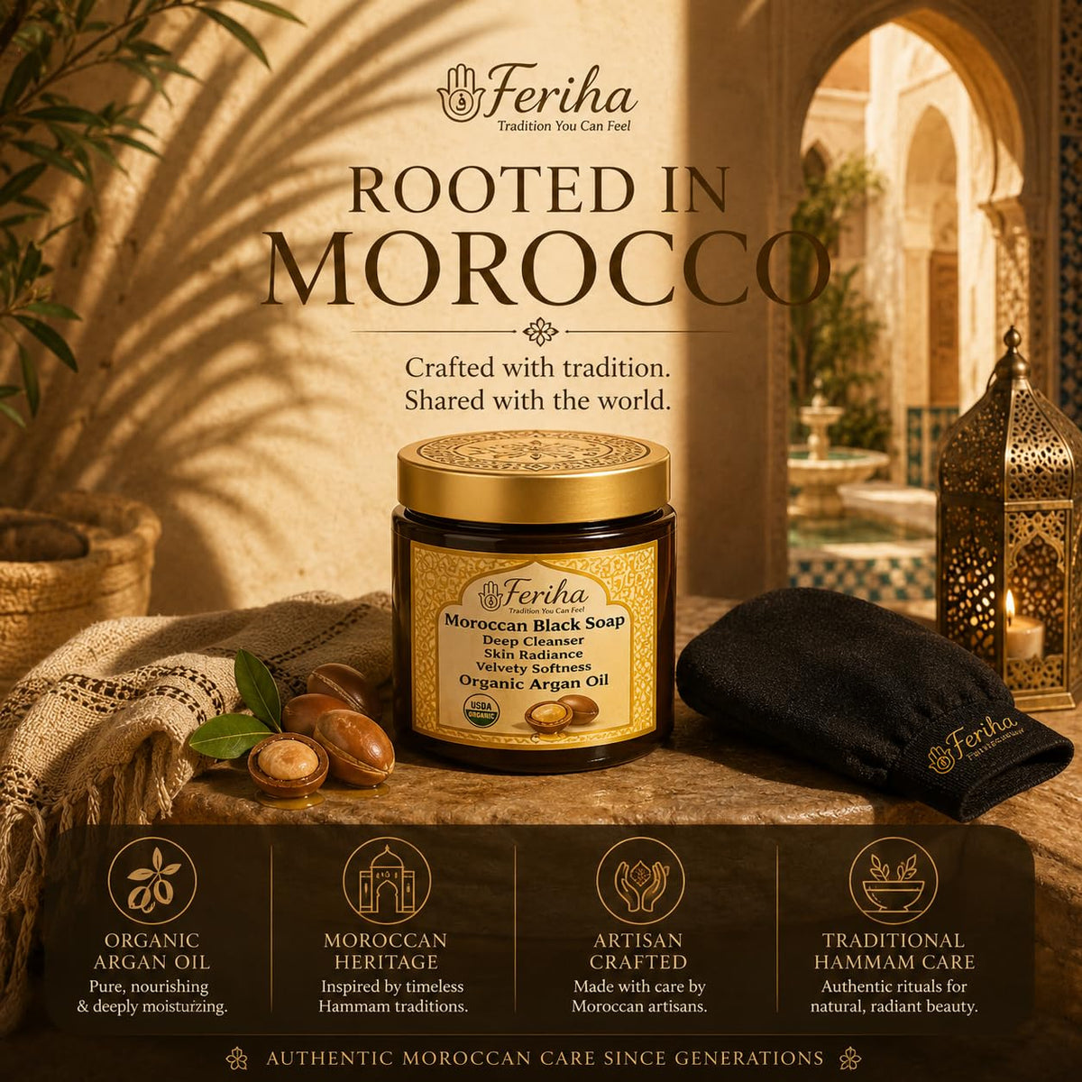 FERIHA jar staged in bathroom for at-home hammam ritual and relaxation