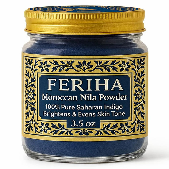 FERIHA front packaging showing jar label and blue powder, clear product identity benefit