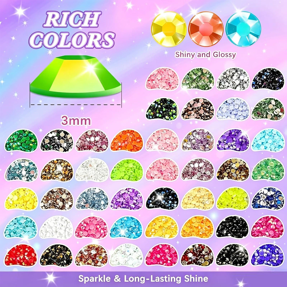 FFPTBNYX color range flat lay showcasing 48 vivid rhinestone colors for design variety