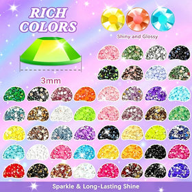FFPTBNYX color range flat lay showcasing 48 vivid rhinestone colors for design variety
