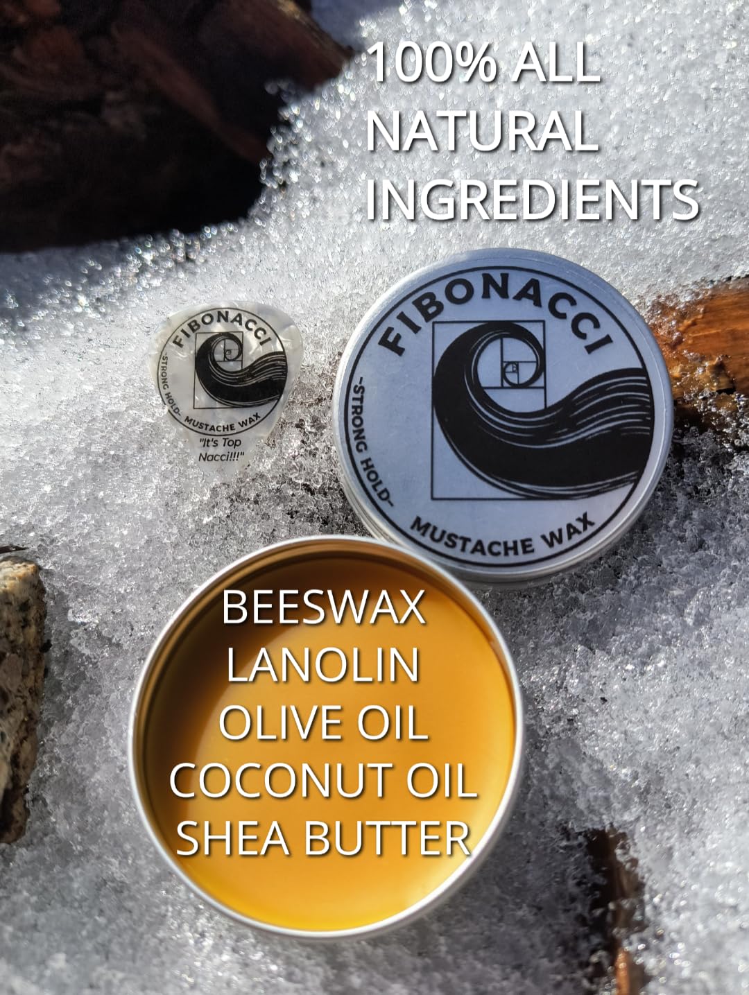 Natural ingredients display with Fibonacci Mustache Wax emphasizing nourishing oils and beeswax