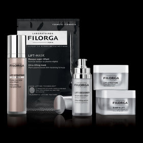 Filorga Lift-Mask serum drop on fingertip showing concentrated hydration