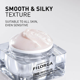 Filorga cream texture close-up showing silky finish and instant hydration benefit