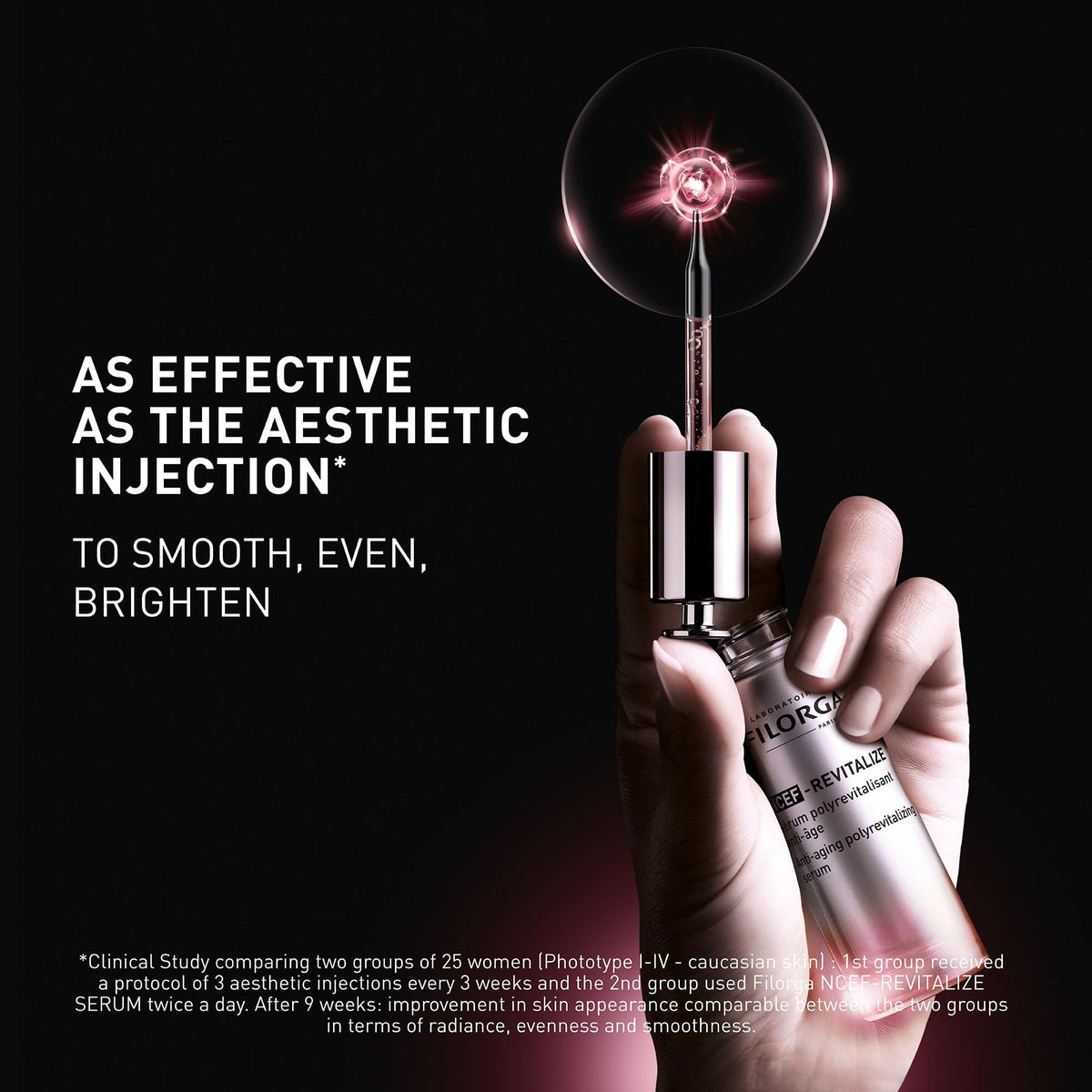 Filorga serum held in hand showing size and travel-friendly benefit