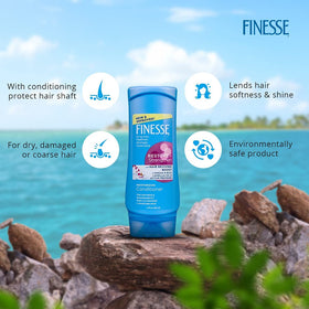 Finesse bottle in hand for size comparison indicating travel-friendly benefit