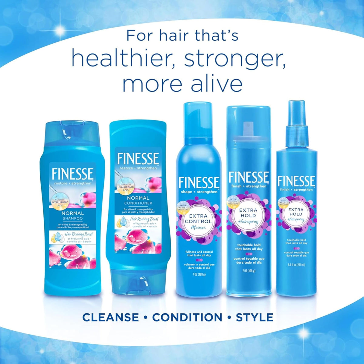FINESSE size comparison next to hand demonstrating 13 fl oz travel-friendly bottle