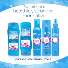 FINESSE size comparison next to hand demonstrating 13 fl oz travel-friendly bottle