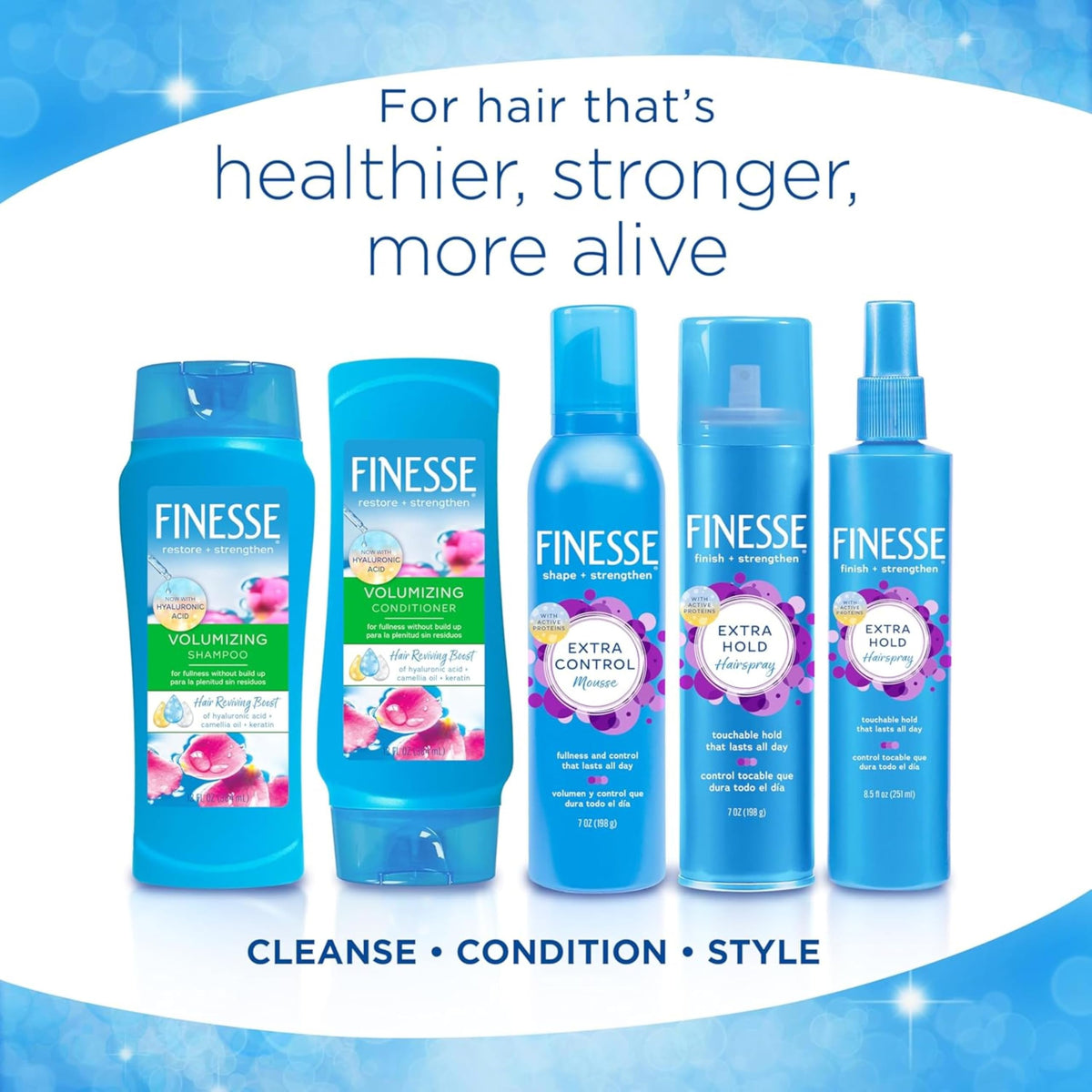 FINESSE styled hair in bathroom setting showing healthy shine benefit: ready-to-style look