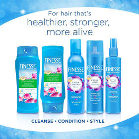 FINESSE styled hair in bathroom setting showing healthy shine benefit: ready-to-style look