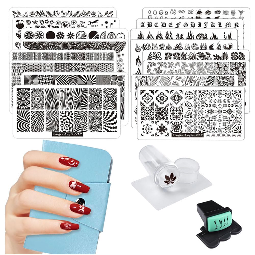 FingerAngel front packaging showing 16 stamping plates and tools for easy organization