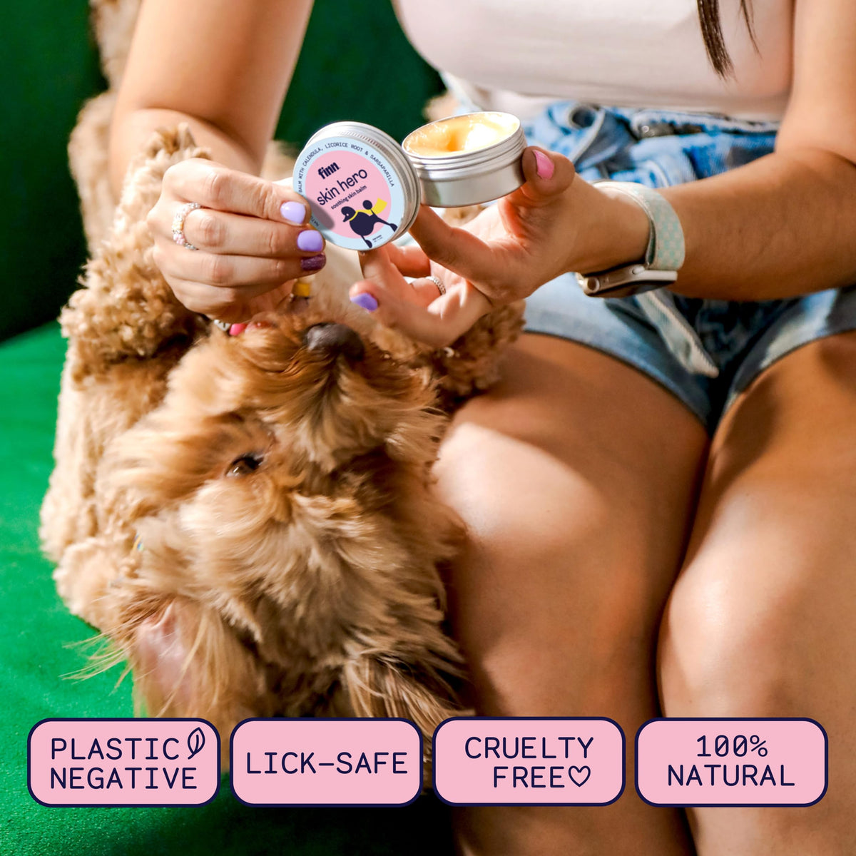 Finn Skin Hero in outdoor setting on dog illustrating protection from irritants