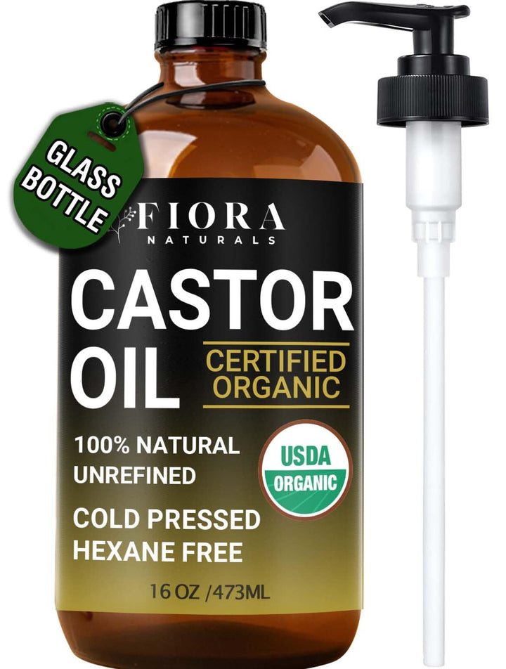 Fiora Naturals front glass bottle shows pump and organic label benefit easy dispensing