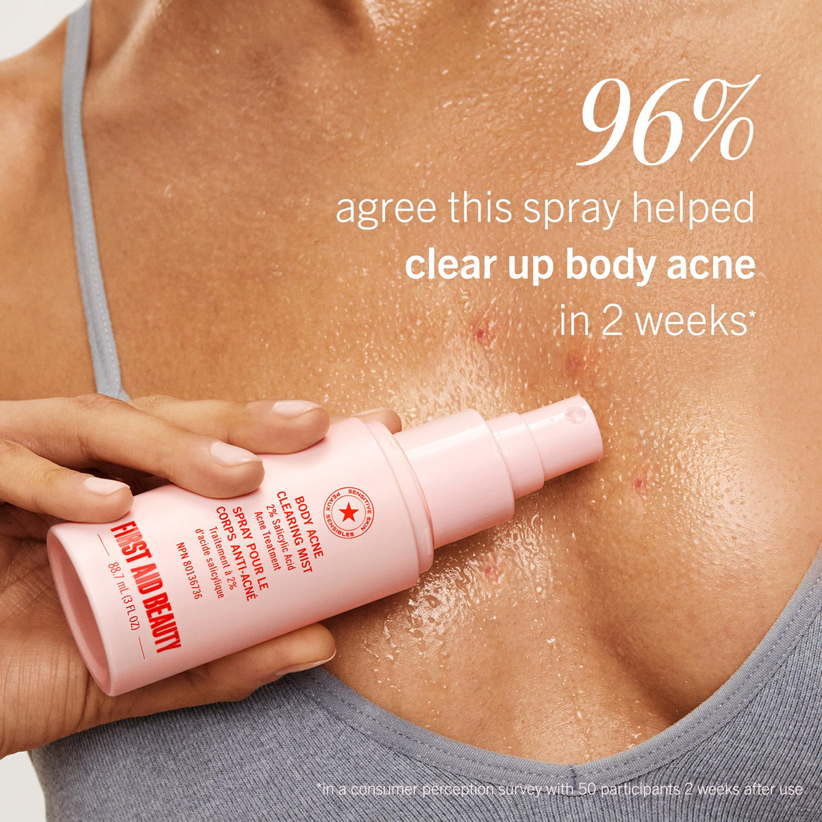 First Aid Beauty demonstration spraying back area for hard-to-reach benefit