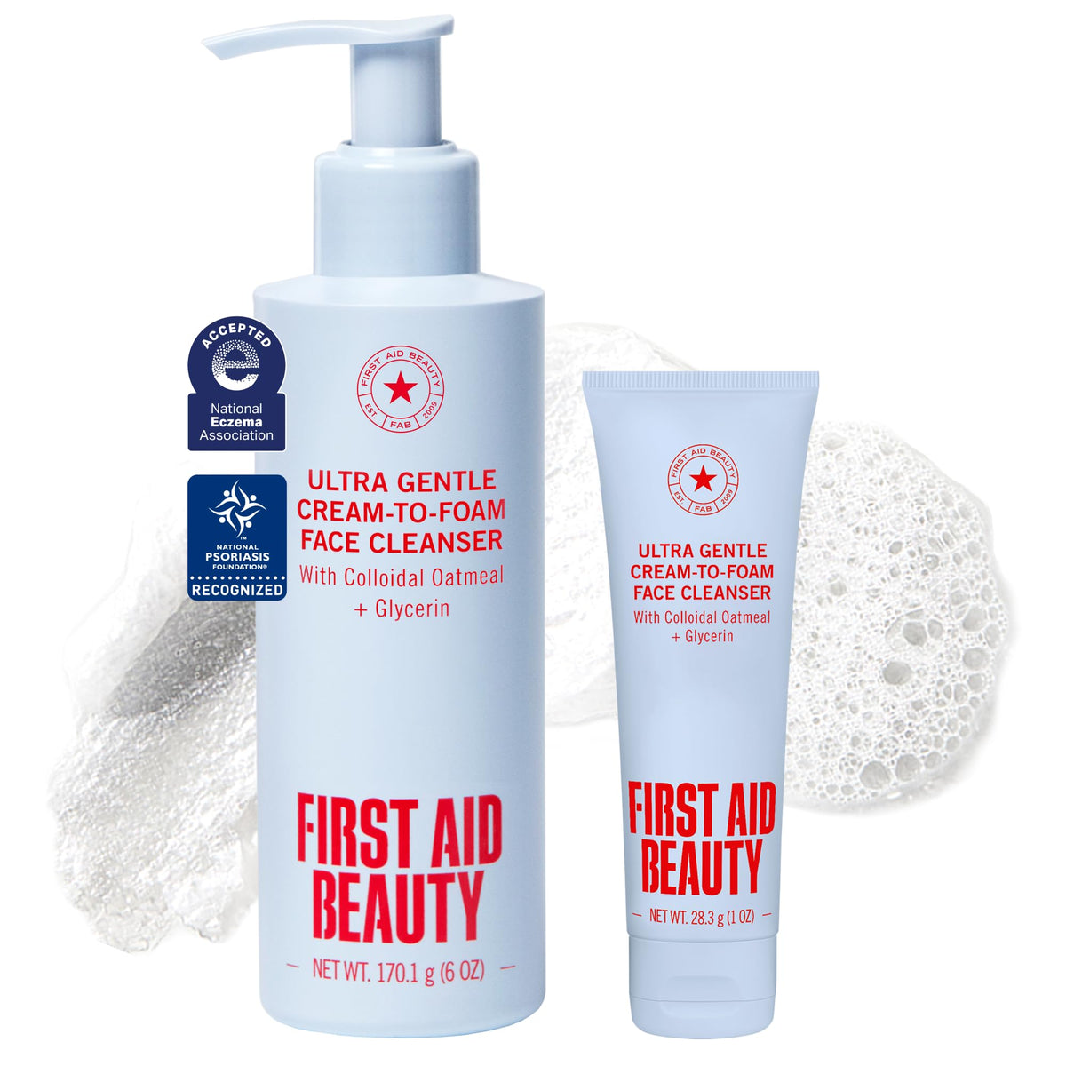 First Aid Beauty front pump bottle displayed, promotes effortless dispensing