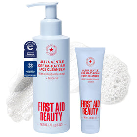 First Aid Beauty front pump bottle displayed, promotes effortless dispensing