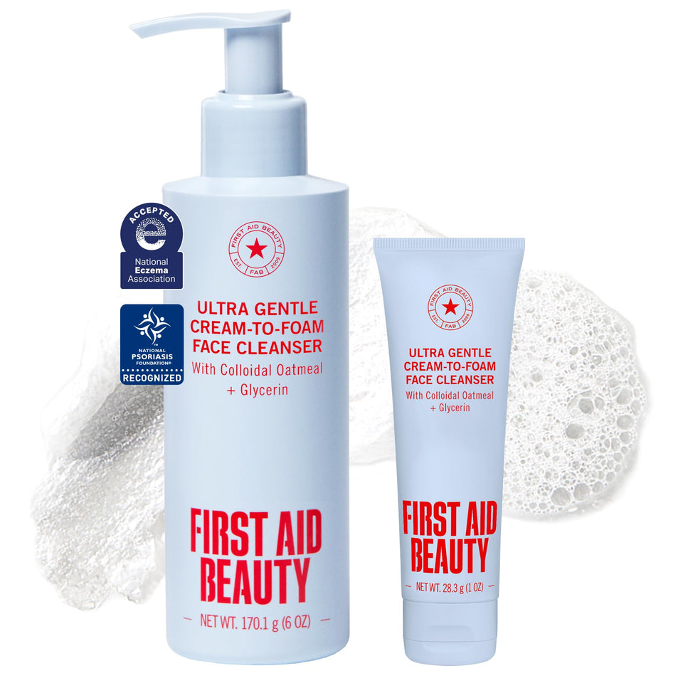 First Aid Beauty front pump bottle displayed, promotes effortless dispensing