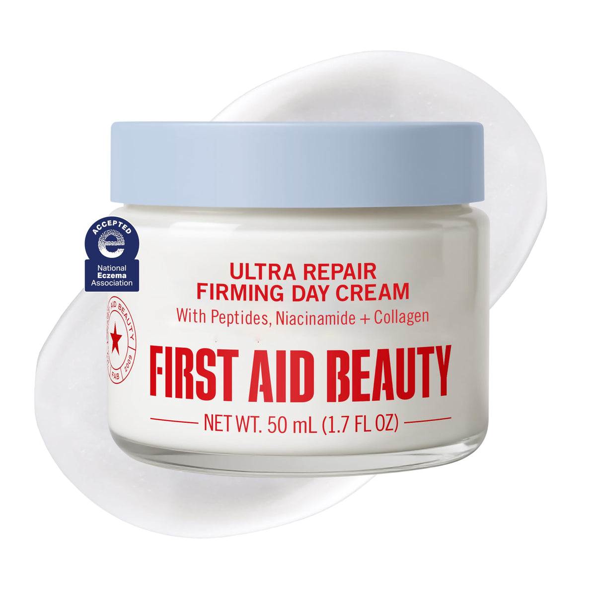 First Aid Beauty front packaging showing cream jar and clear branding benefit