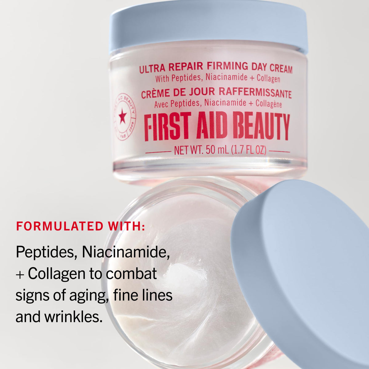 First Aid Beauty label close-up showing peptide, niacinamide, collagen benefits