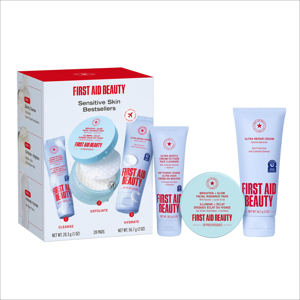 First Aid Beauty front packaging showing the three-piece travel set benefits