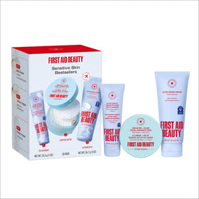 First Aid Beauty front packaging showing the three-piece travel set benefits