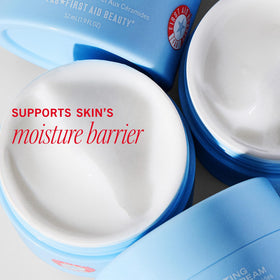 First Aid Beauty ingredient label highlighting hyaluronic acid and ceramides