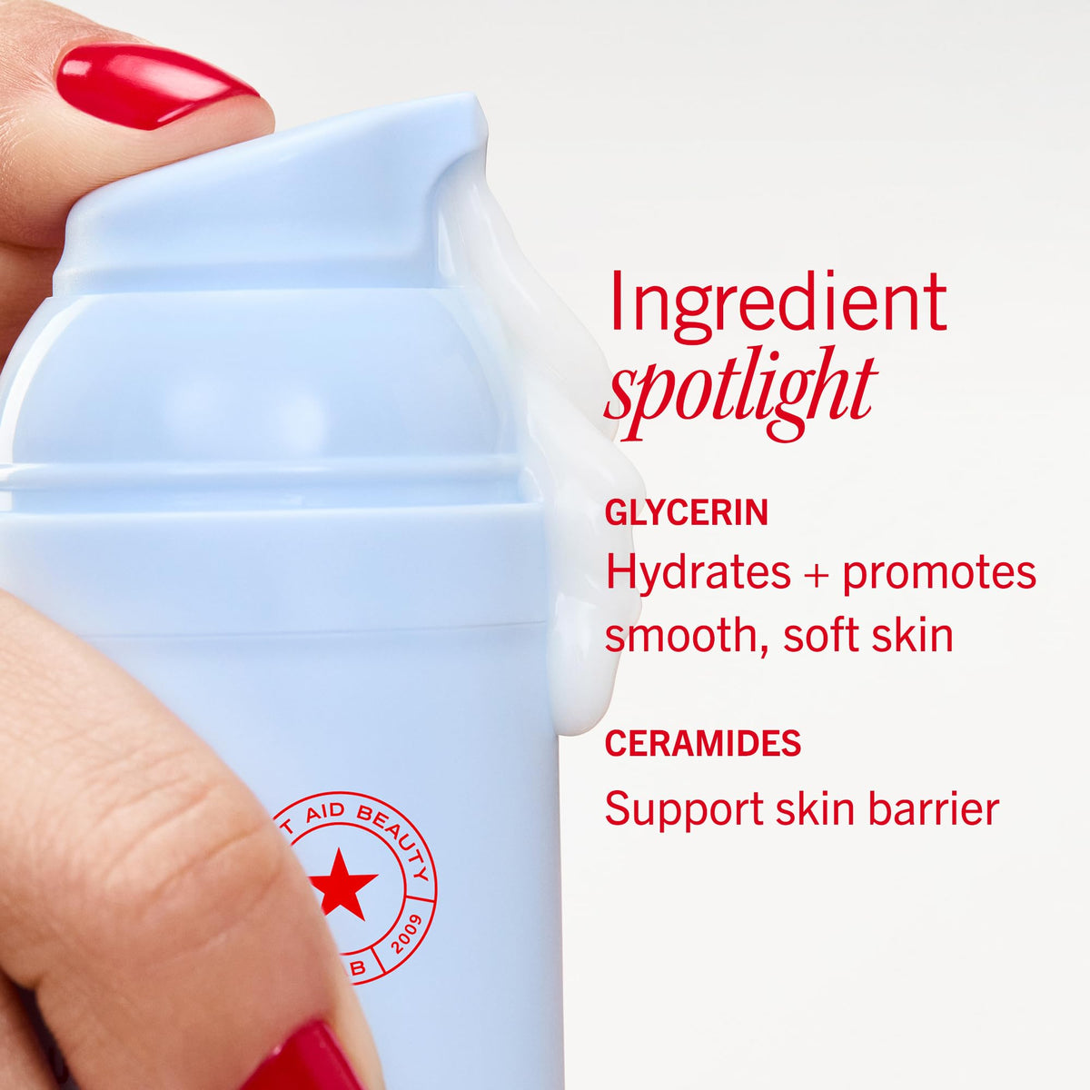 First Aid Beauty open jar revealing lotion consistency and velvety finish benefit