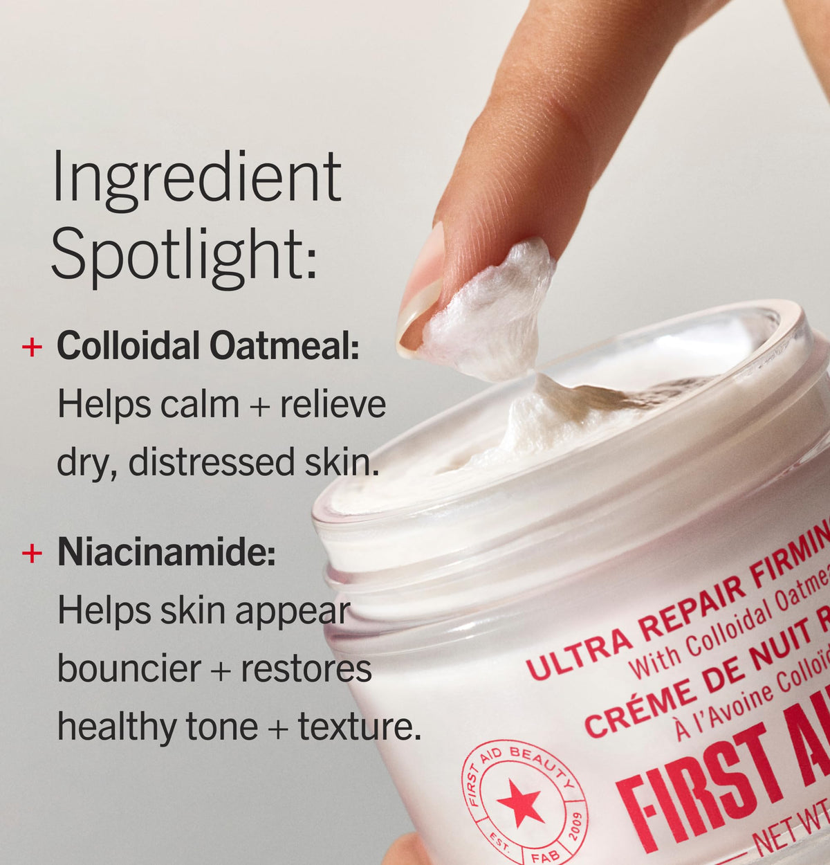 First Aid Beauty packaging label detail emphasizing fragrance-free and sensitive-safe benefits