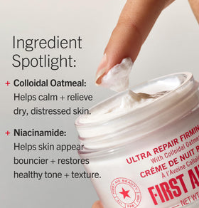 First Aid Beauty packaging label detail emphasizing fragrance-free and sensitive-safe benefits