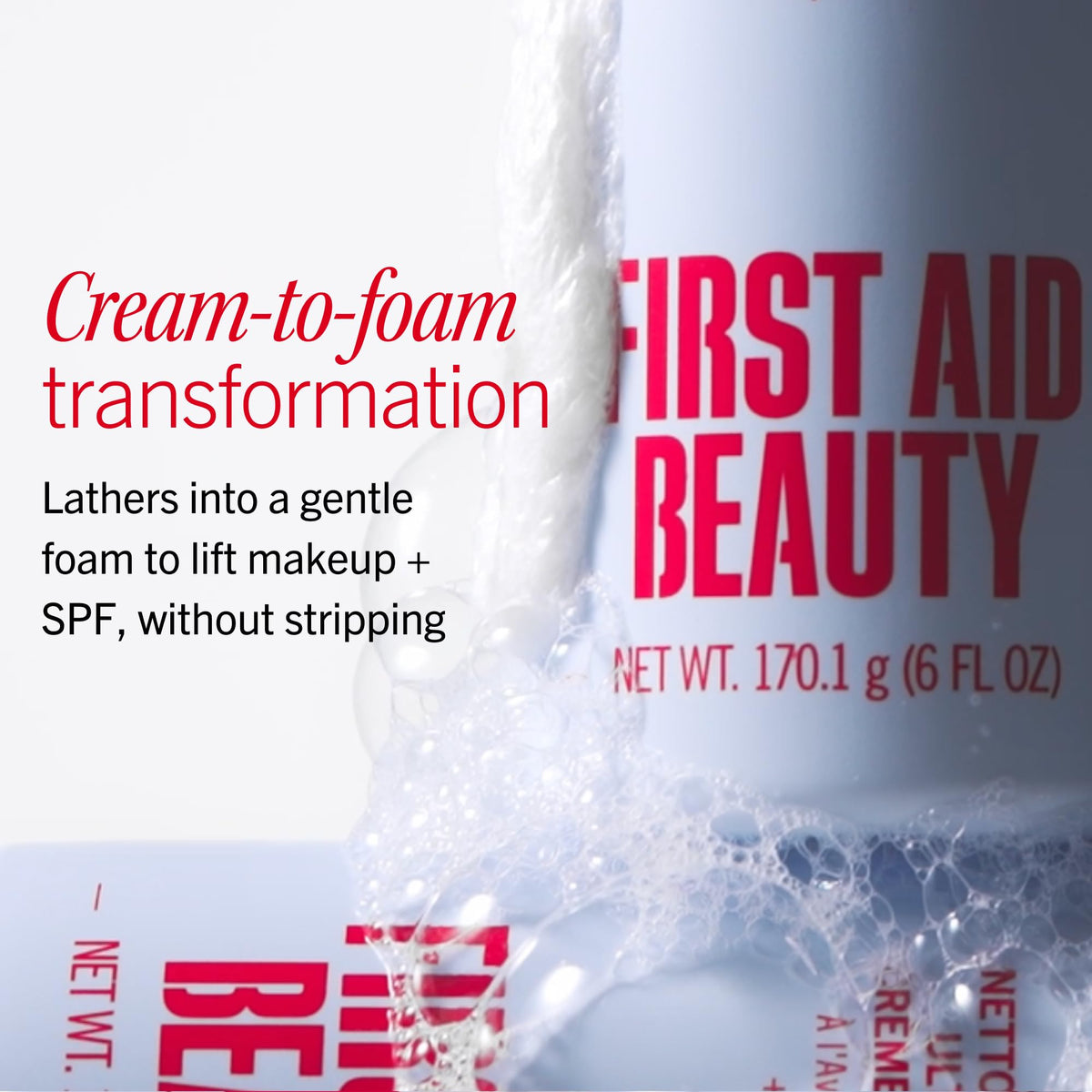First Aid Beauty pump dispensing cleanser, illustrates hygienic controlled use