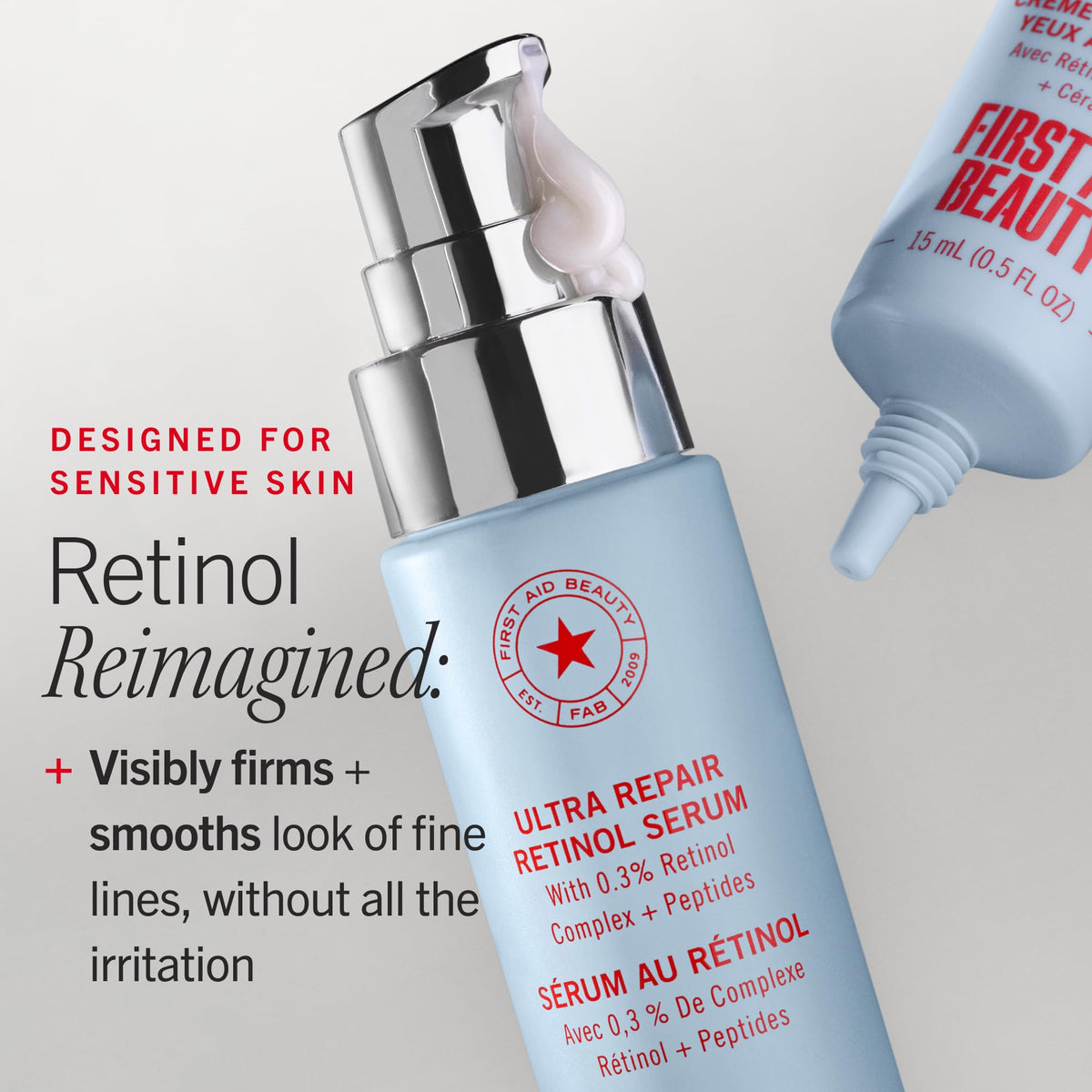 First Aid Beauty model applying eye cream, demonstrating gentle patting motion and visible hydration