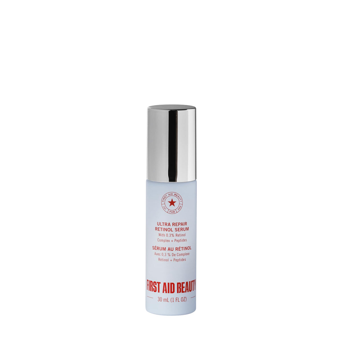First Aid Beauty front bottle view showing compact serum and clean design benefit