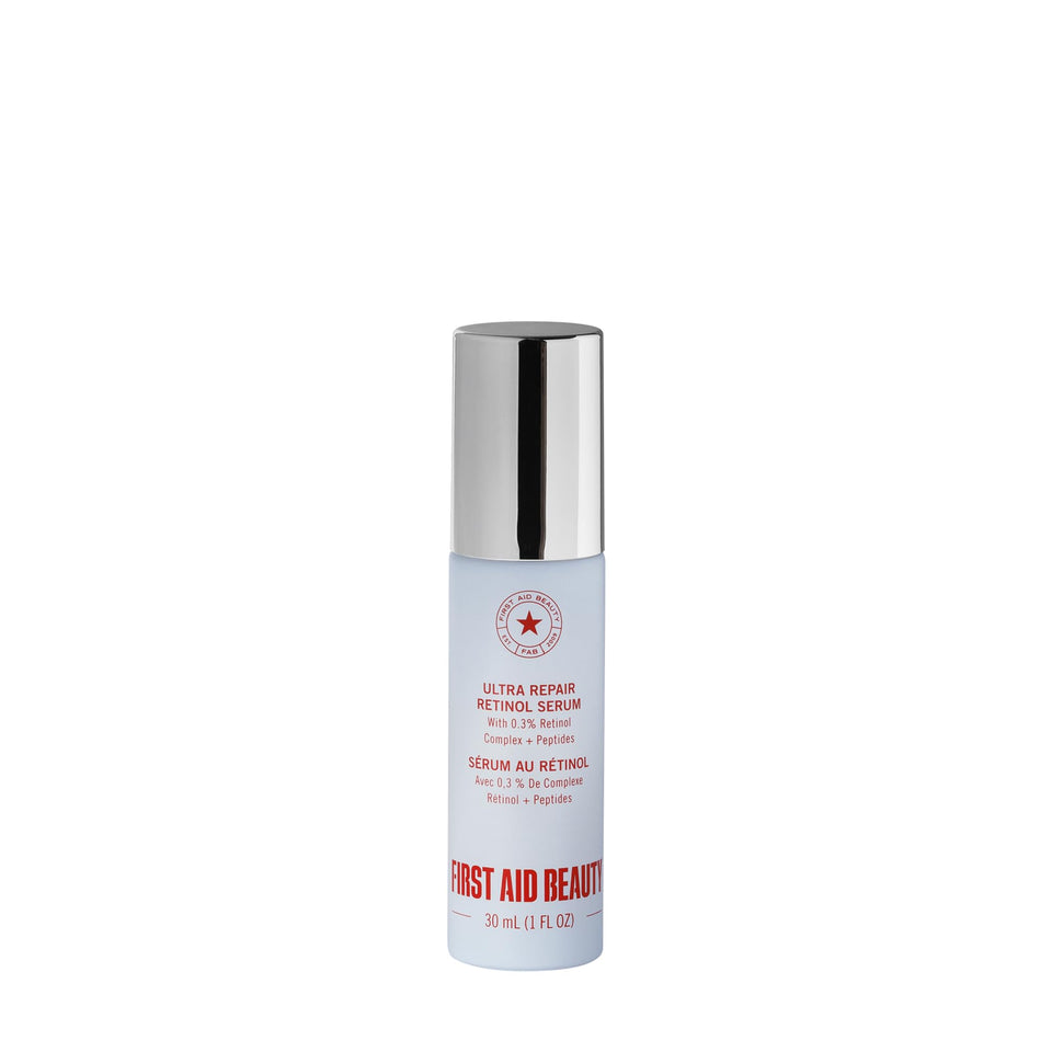 First Aid Beauty front bottle view showing compact serum and clean design benefit