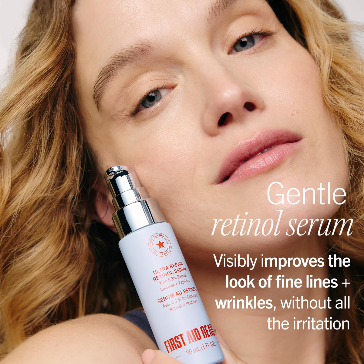 First Aid Beauty serum texture on fingertip showing lightweight absorbency benefit